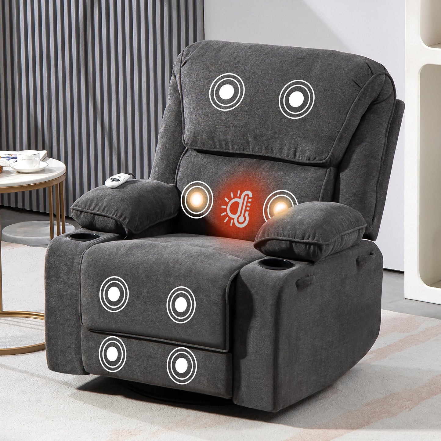 BRTHORY Relaxsessel mit Massagefunktion Fernsehsessel Liegefunktion Vibration Heizung, Dicke Rückenlehne und Armlehnen, Massagesessel mit Wippfunktion, 360°drehbar, Beige