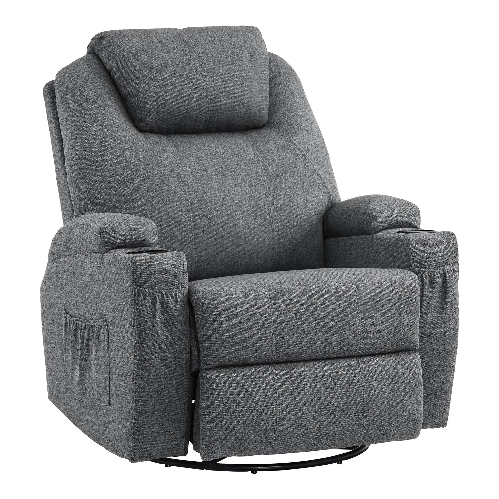M MCombo Massagesessel Fernsehsessel Relaxsessel 7020, mit Heizung, Dreh 360° Schaukel, manuell verstellbar (Dunkelgrau- Mikrofaser)
