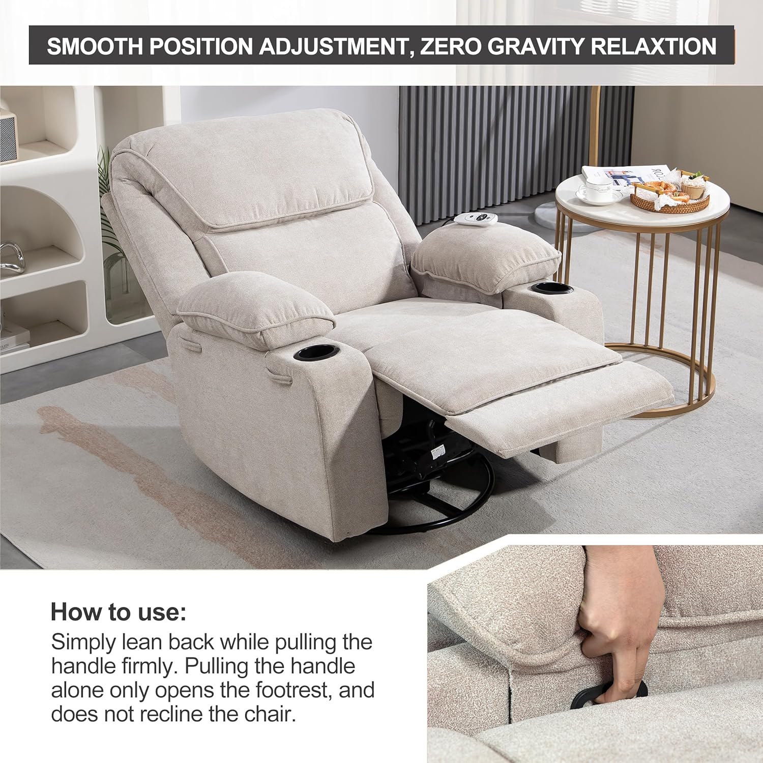 BRTHORY Relaxsessel mit Massagefunktion Fernsehsessel Liegefunktion Vibration Heizung, Dicke Rückenlehne und Armlehnen, Massagesessel mit Wippfunktion, 360°drehbar, Beige