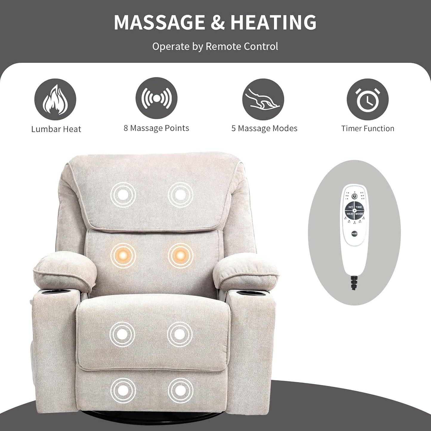BRTHORY Relaxsessel mit Massagefunktion Fernsehsessel Liegefunktion Vibration Heizung, Dicke Rückenlehne und Armlehnen, Massagesessel mit Wippfunktion, 360°drehbar, Beige