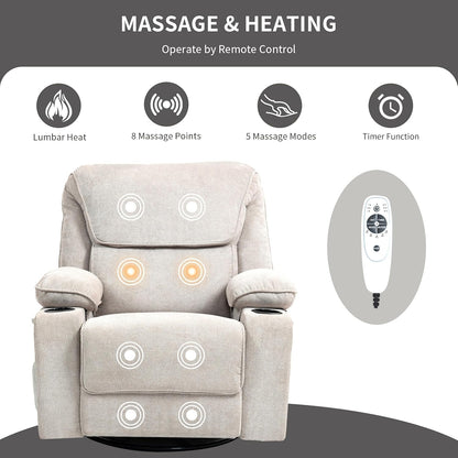 BRTHORY Relaxsessel mit Massagefunktion Fernsehsessel Liegefunktion Vibration Heizung, Dicke Rückenlehne und Armlehnen, Massagesessel mit Wippfunktion, 360°drehbar, Beige
