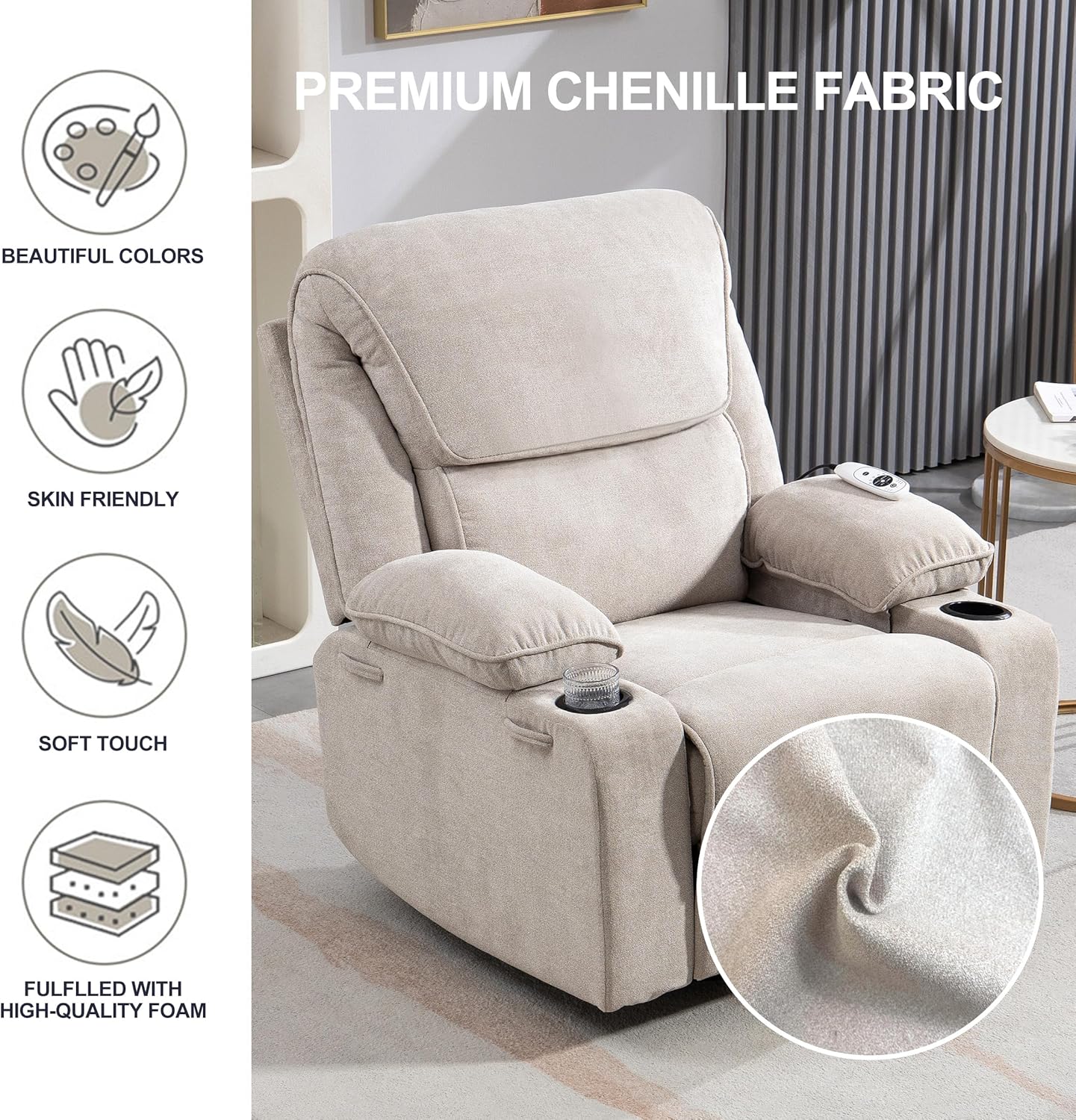 BRTHORY Relaxsessel mit Massagefunktion Fernsehsessel Liegefunktion Vibration Heizung, Dicke Rückenlehne und Armlehnen, Massagesessel mit Wippfunktion, 360°drehbar, Beige