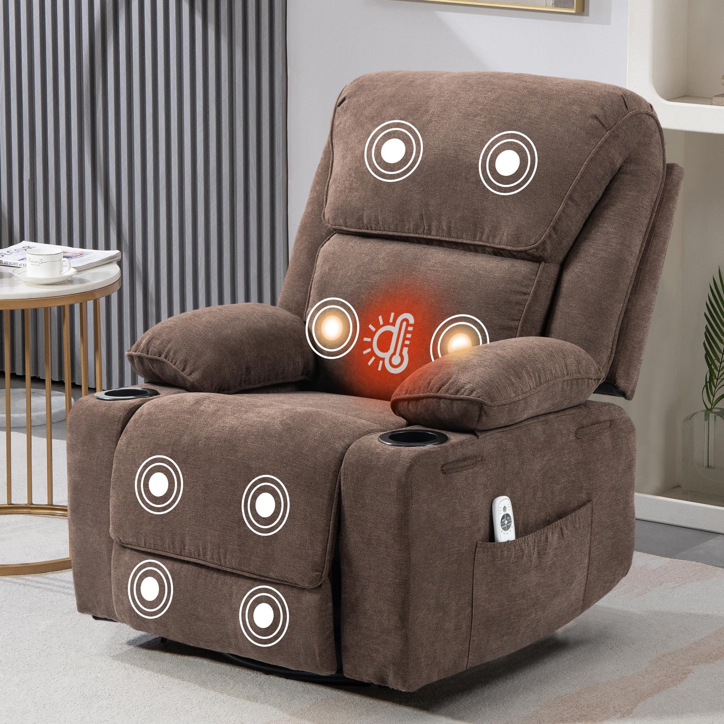 BRTHORY Relaxsessel mit Massagefunktion Fernsehsessel Liegefunktion Vibration Heizung, Dicke Rückenlehne und Armlehnen, Massagesessel mit Wippfunktion, 360°drehbar, Beige