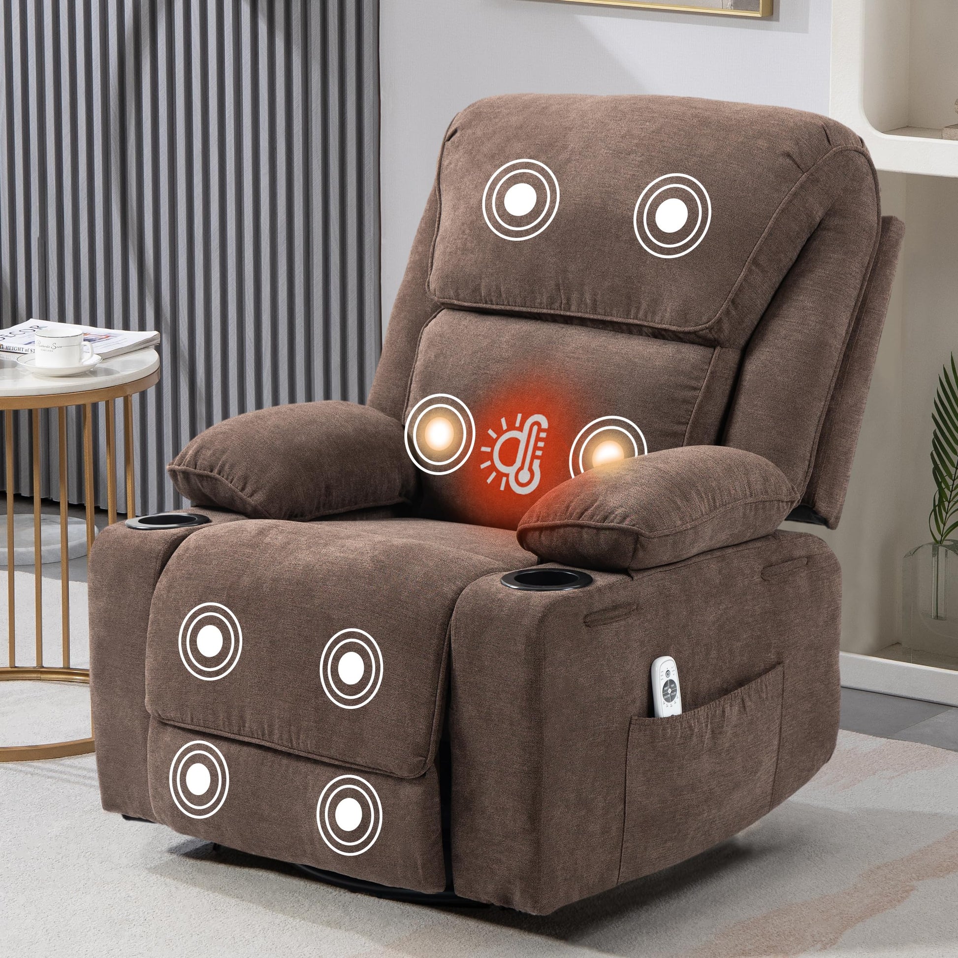 BRTHORY Relaxsessel mit Massagefunktion Fernsehsessel Liegefunktion Vibration Heizung, Dicke Rückenlehne und Armlehnen, Massagesessel mit Wippfunktion, 360°drehbar, Beige